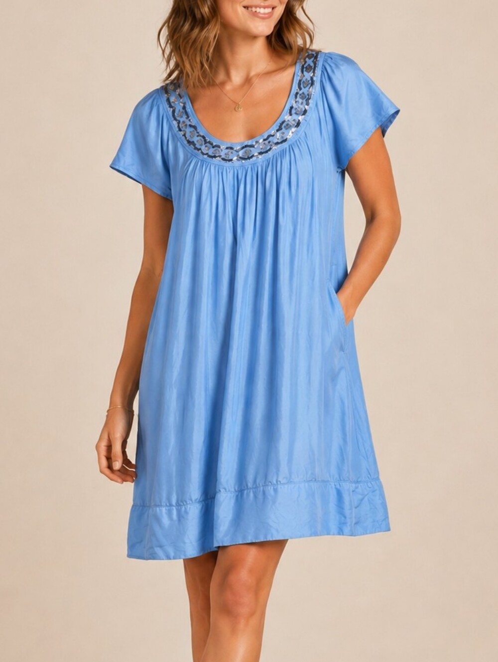 Boden Limited Edition Blue Silk Embellished Shift Trapeze Dress Size 6 Artisan